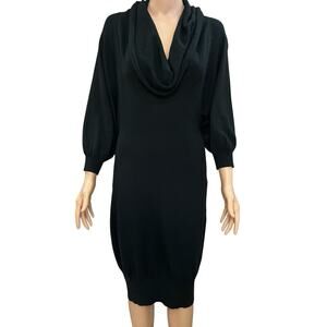 Bebe Sweater Dress Large Black Cowl Neck Balloon Sleeve Knit Midi Wool Blend